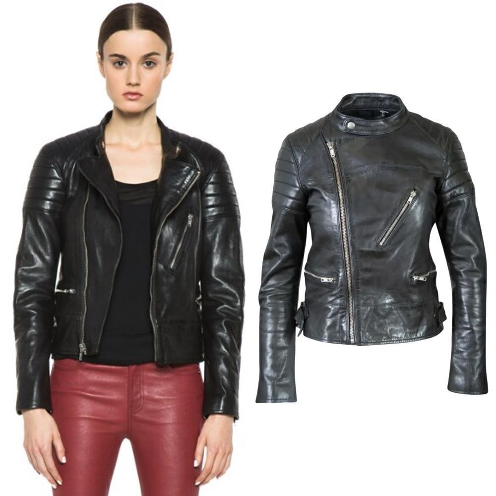 NWT Blk Dnm Padded Elbows Lambskin Leather Black Biker Jacket  Size XS